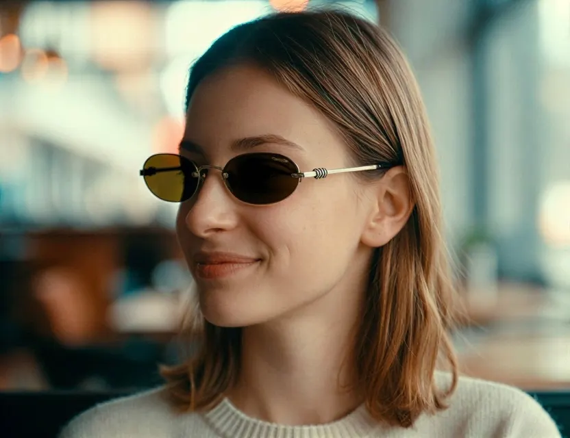 Same woman wearing oval sunglasses that flatter her face shape