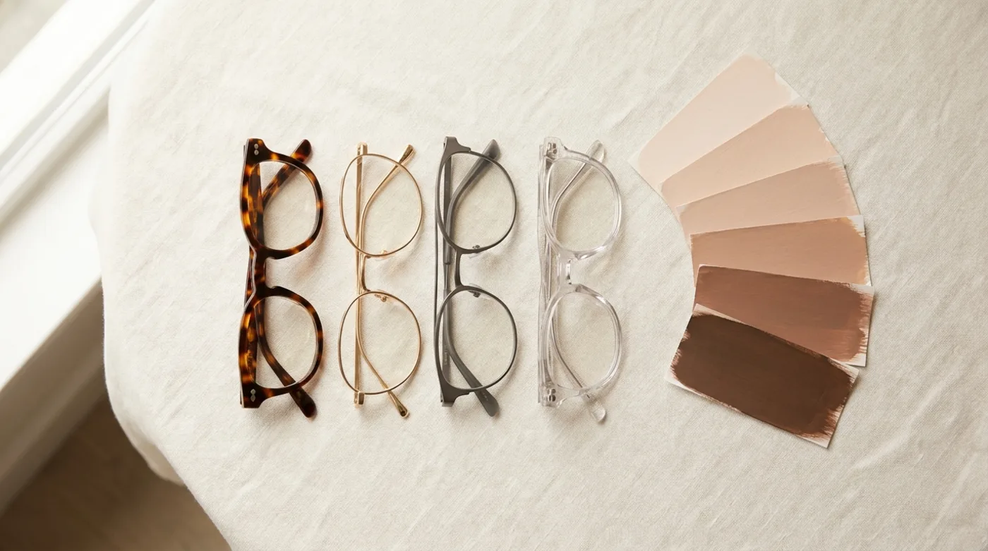 Four pairs of eyeglasses in tortoiseshell, gold, gunmetal and clear acetate laid out on a warm neutral surface beside skin-tone color swatches