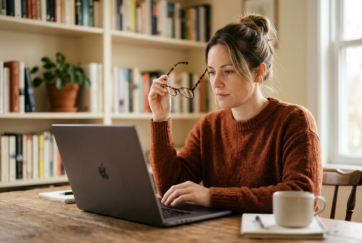 A woman at a desk with a laptop, holding a pair of eyeglasses beside her face while looking at the screen