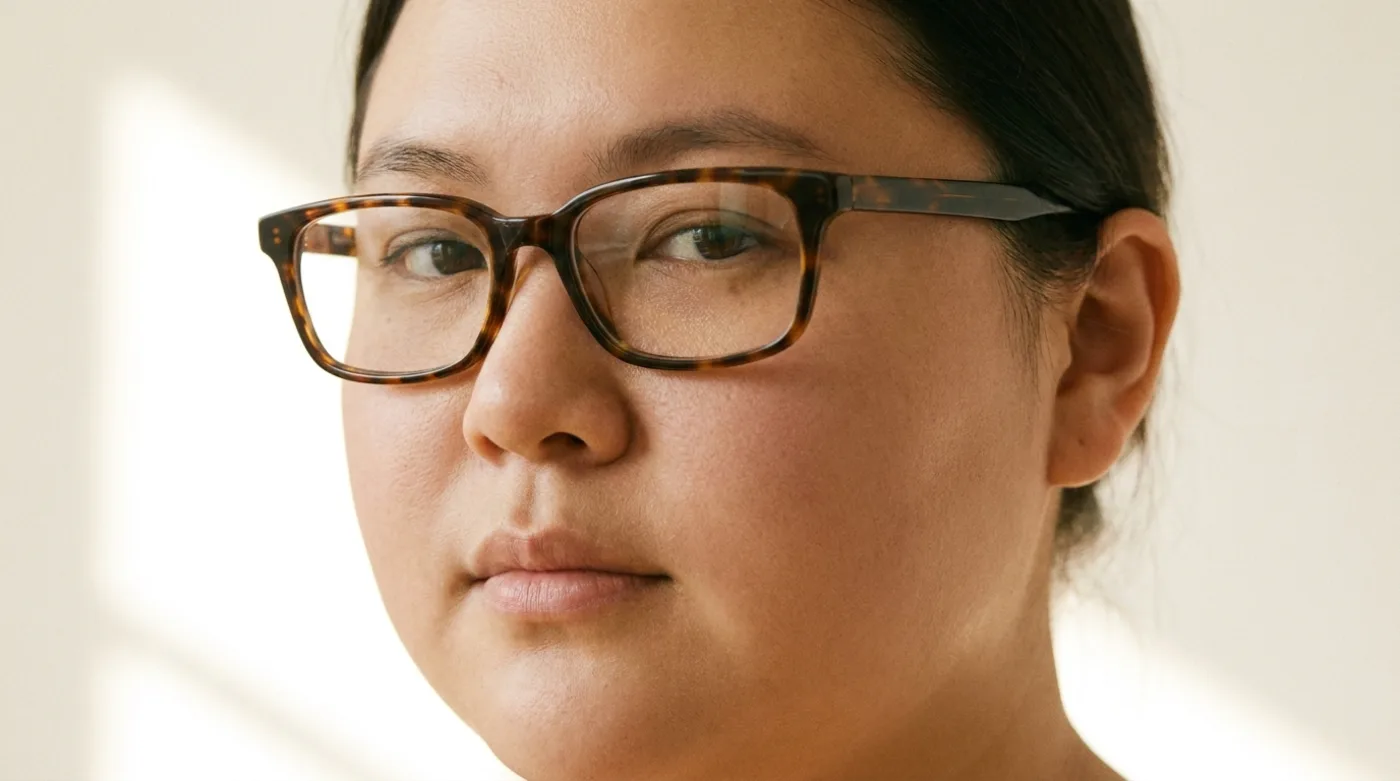 Close-up of a person with a round face wearing rectangular tortoiseshell eyeglasses with high hinges at the top rim