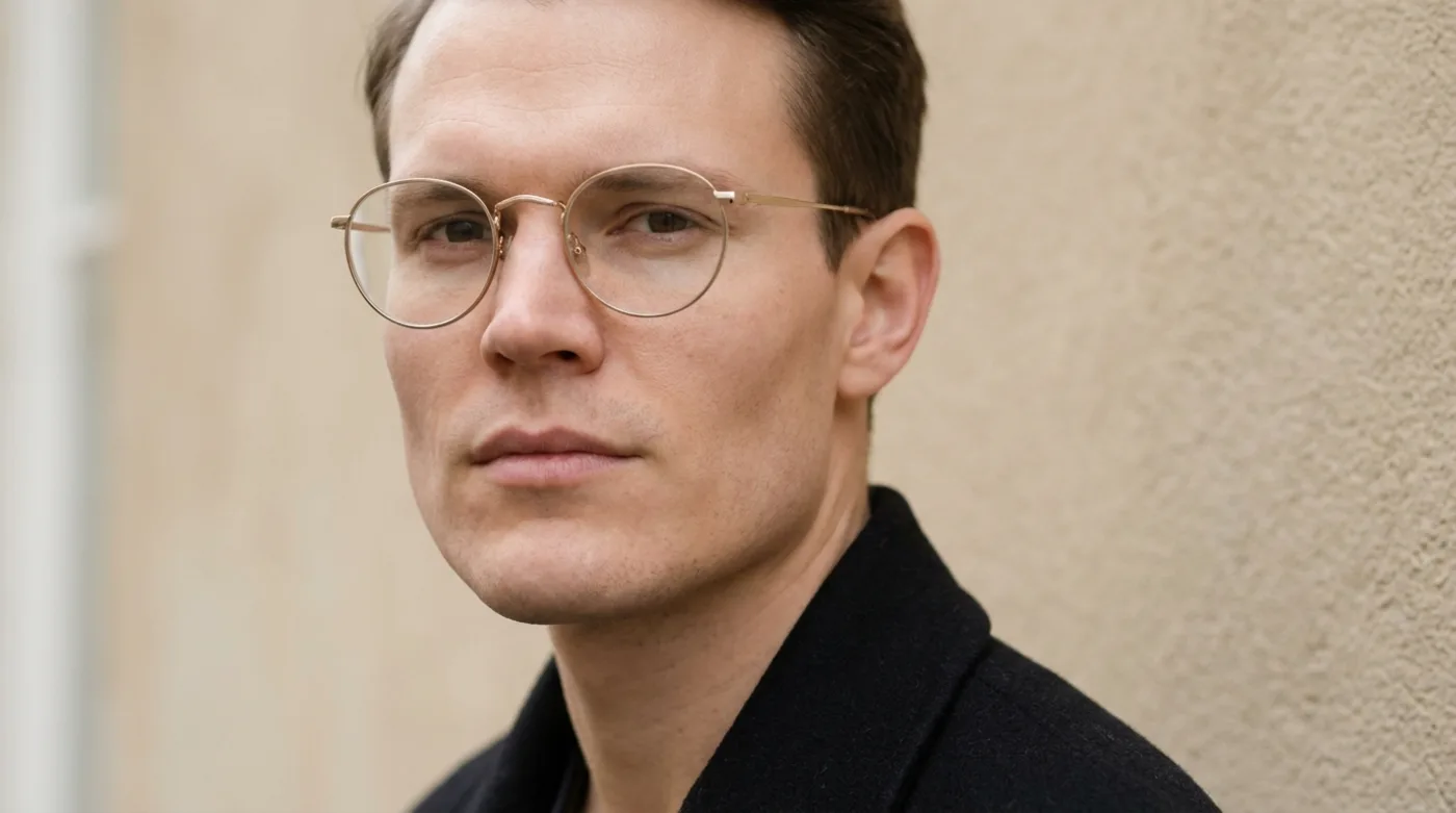 A person with a square jawline and broad cheekbones wearing thin round metal eyeglasses, photographed straight on in daylight