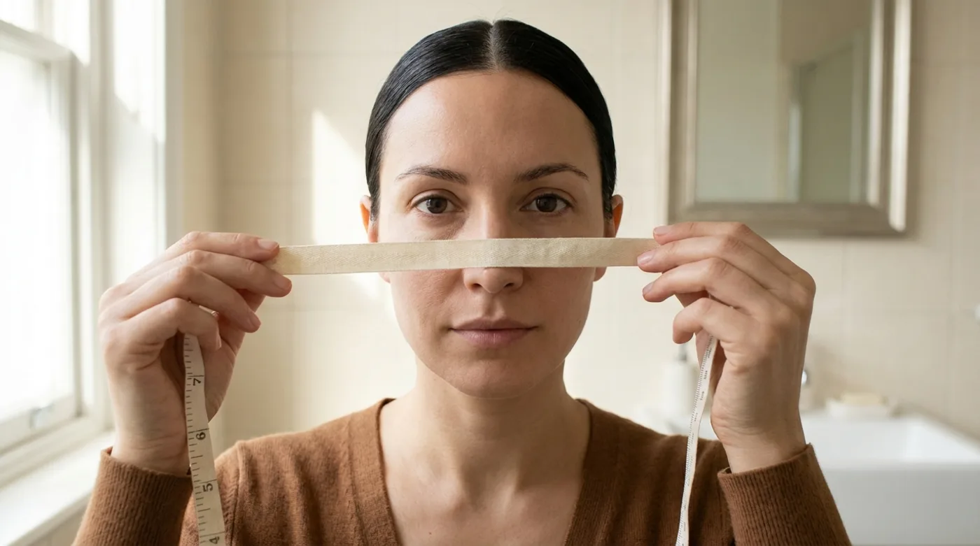 A soft fabric tape measure held horizontally across a woman's cheekbones in front of a mirror, hair pulled back