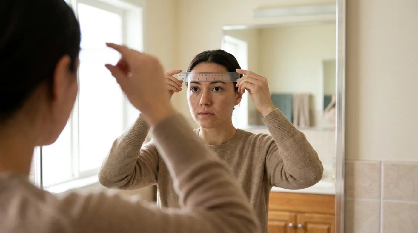 A person holding a millimeter ruler level against their brow in front of a bathroom mirror to measure pupillary distance