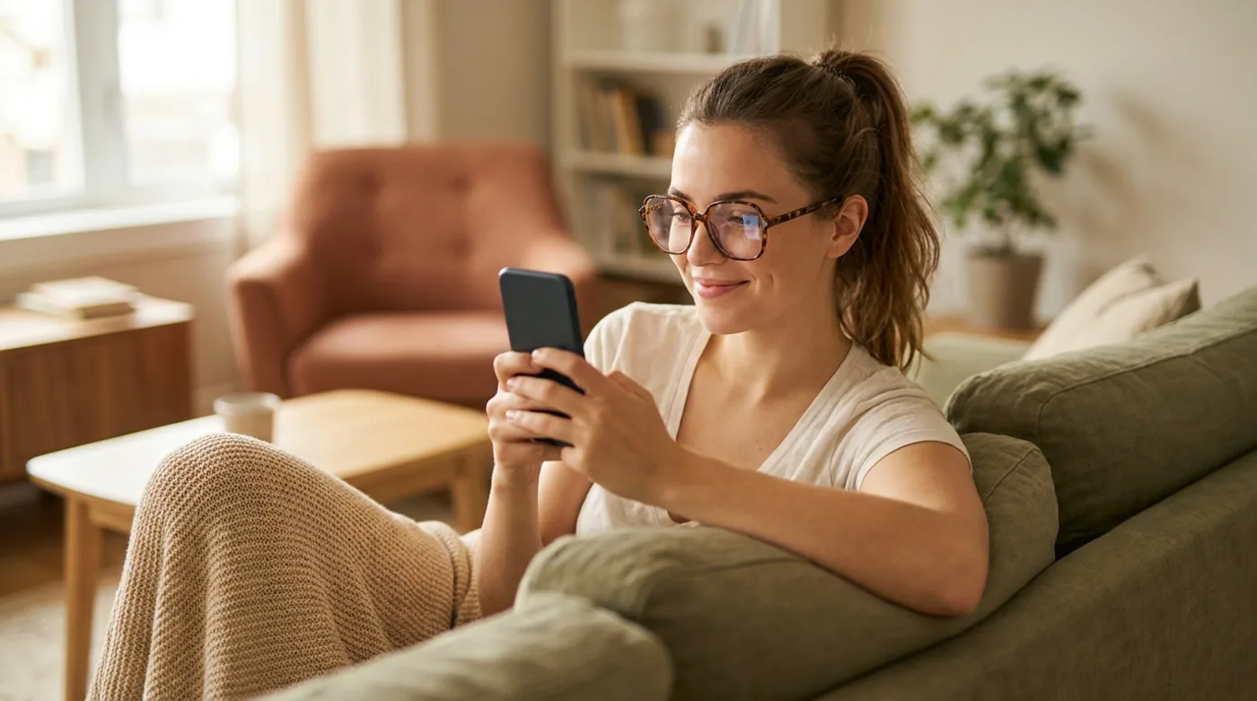 A woman on a sofa holding an iPhone up in front of her while wearing tortoiseshell eyeglasses