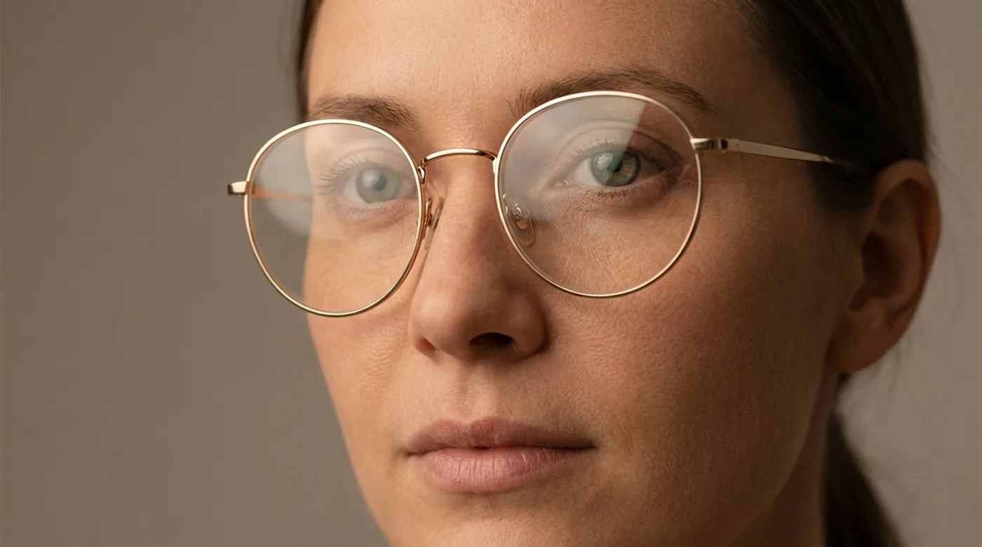 Editorial close-up of a woman wearing thin gold round eyeglasses, eyes visible through the lenses