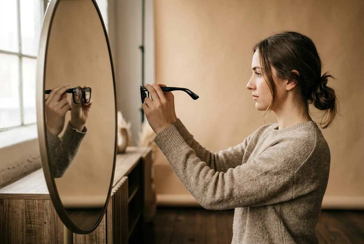 A woman holding a pair of black acetate eyeglasses up in front of her face beside a mirror